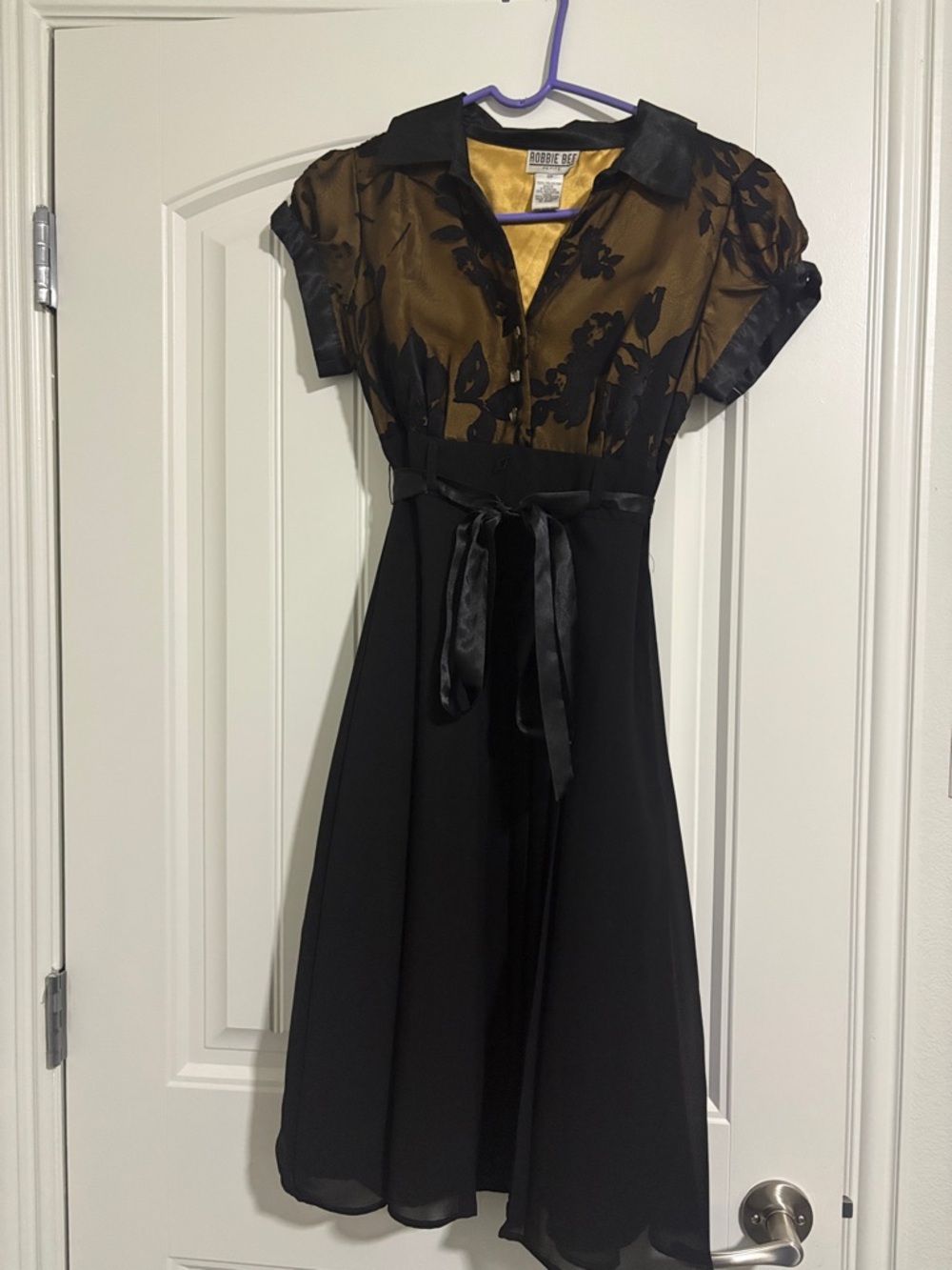 Robbie Bee Black and Gold Floral-Overlay Midi Dress